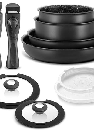 BEZIA Induction Cookware Set 10 Pieces, Nonstick Pots and Pans Set with Removable Handles, for All Hobs, Stackable Design, Dishwasher/Oven Safe, PFAS Free
