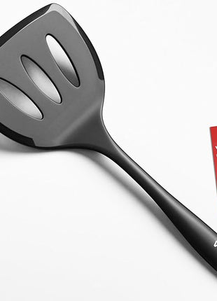 Silicone Pancake Spatula Turner with Lengthened Handle& Seamless Design, Heat Resistant Slotted Flipper for Nonstick Cookware, Large Flexible Kitchen Utensils for Egg, Pancake, Burger, Black