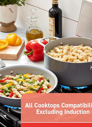 T-fal Fresh Gourmet Recycled Ceramic Non Stick Cookware Set 12 Piece, Oven Broiler Safe 500F, Lid Safe 350F, Kitchen Cooking Set W/Fry Pans, Saucepans, Dutch Oven, Utensils, Pots and Pans Set, Grey