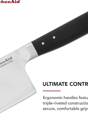 KitchenAid Gourmet Forged Triple Rivet Cleaver Knife with Custom Fit Blade Cover, 6 inch, Sharp Kitchen Knife, High Carbon Japanese Stainless Steel Blade, Meat Cleaver, Black