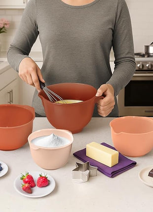 Glad Mixing Bowls with Pour Spout, Set of 4 - Nesting Plastic Bowls (1.2qt, 1.9qt, 2.8qt, and 3qt with Handle) - Non Slip Base, Dishwasher Safe Kitchen Cooking and Baking Supplies, Rust