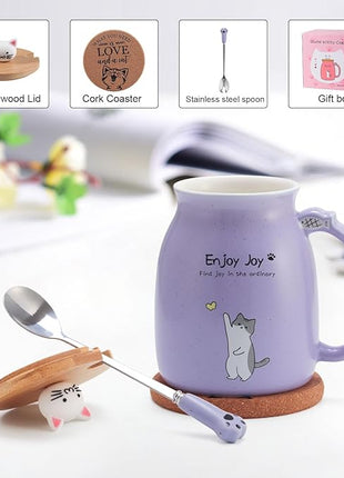 Cute Cat Cup Ceramic Coffee Mug with Kawaii Cat Wooden Lid, Lovely Stainless Steel Spoon, Anime Kitty Thicken Wooden Coaster, Christmas Birthday Cute Thing Japanese Mug 16oz (Purple)