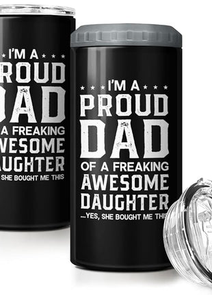 SANDJEST 4-in-1 Dad Tumbler Gifts for Dad from Daughter - 12oz Funny Proud Dad Can Cooler Tumblers Cup - Stainless Steel Insulated Cans Coozie Travel Mug Christmas, Birthday, Father's Day Gift