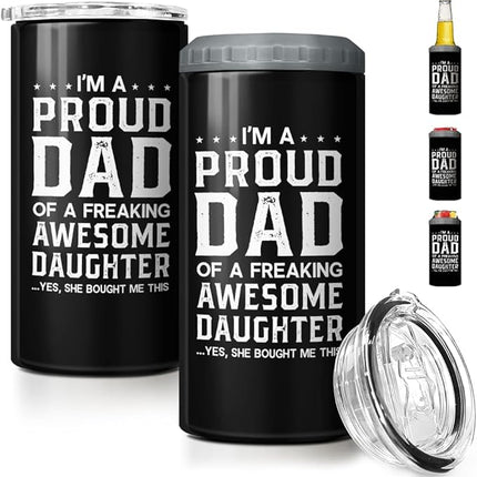 SANDJEST 4-in-1 Dad Tumbler Gifts for Dad from Daughter - 12oz Funny Proud Dad Can Cooler Tumblers Cup - Stainless Steel Insulated Cans Coozie Travel Mug Christmas, Birthday, Father's Day Gift