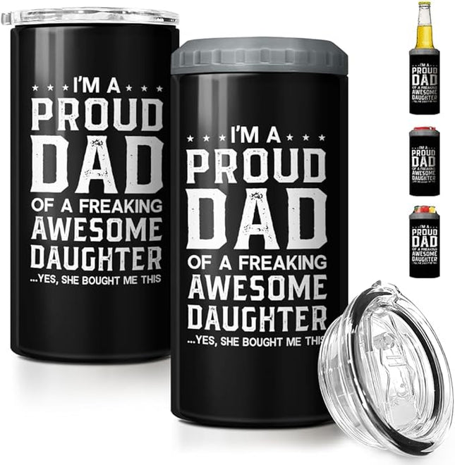 SANDJEST 4-in-1 Dad Tumbler Gifts for Dad from Daughter - 12oz Funny Proud Dad Can Cooler Tumblers Cup - Stainless Steel Insulated Cans Coozie Travel Mug Christmas, Birthday, Father's Day Gift
