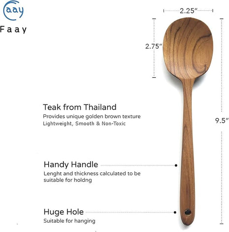 FAAY Thai Teak Salad & Cooking Spoons (2 Pack), 9.5 inch – Handcrafted in Thailand, Natural Coconut Oil Finish, Smooth Non-Scratch Utensils for Mixing & Serving