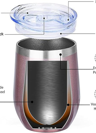 MEZMUT 12 Oz Insulated Wine Tumbler with Lid Double Wall Vacuum Stainless Steel Wine Glass Coffee Mug Insulated Tumbler Cup for Champaign, Cocktail, Beer (Rose Gold, 6 Pack)