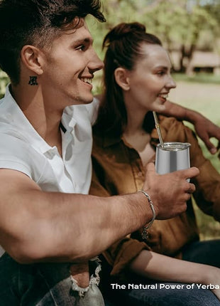 BALIBETOV 5 pcs large Yerba Mate Cup and Bombilla Kit, Includes one 12 oz Yerba Mate Gourd with Lid, Two Bombillas Mate Straw and one cleaning brush | Stainless steel | Double Walled