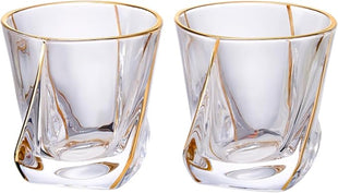 GLASKEY Crystal Whiskey Glasses Set of 2 with 24K Gold Rim,Bar Glasses,Twisted Whiskey Glass Gold Collection for Bourbon,Scotch and Wine,Rock Barware for Men Gift - 8oz