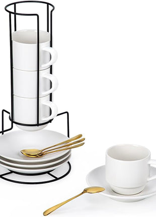 Lareina 8 Ounce Porcelain Cappuccino Cups Set of 4, Stackable Coffee Cups with Saucers, Spoons and Metal Stand -for Specialty Coffee Drinks, Cappuccino, Latte, Americano and Tea, White