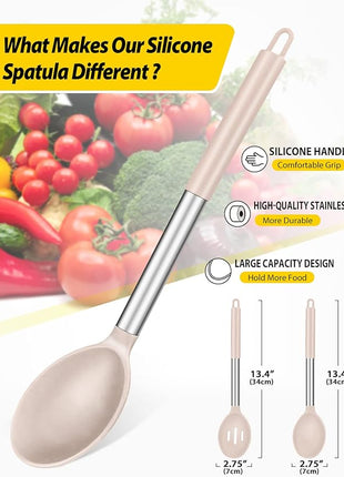 Pack of 2 Large Silicone Cooking Spoons,Non Stick Solid Basting Spoon,Heat-Resistant Kitchen Utensils for Mixing,Serving,Draining,Stirring (STAINLESS STEEL KHAKI)