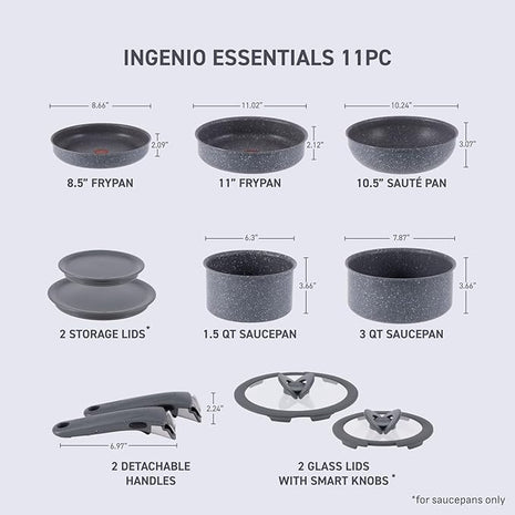 T-fal Ingenio Essentials Cookware Set with Detachable/Removable Handle 11 Piece, Granite Titanium Non Stick, Induction, Oven Broiler Safe 500F, Stackable, Pots and Pans Set, RV Camping, Fry Pans Gray