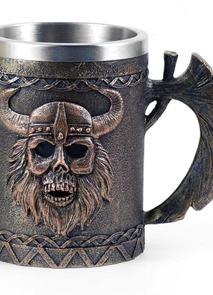 Arola Viking Axe Mug, Stainless Steel Horn Beer Cup, Viking Warrior Skull Cup Tankard, Drinking Cup Coffee Beer Steins,Medieval Skull Drinkware Mug for Coffee/Beverage/Juice17oz Gift for Men