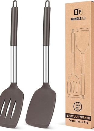 Pack of 2 Silicone Solid Turner, Non Stick Slotted Kitchen Spatulas, High Heat Resistant BPA Free Cooking Utensils, Ideal Cookware for Fish, Eggs, Pancakes(Chocolate)