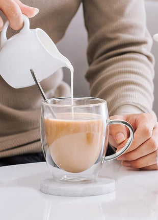 LIBWYS 2 Pack Double Walled Coffee Cups Glasses Mugs, 12oz Espresso Cappuccino Latte Tea Cups with Handle, Heat Resistant Borosilicate Clear Glasses 350ml