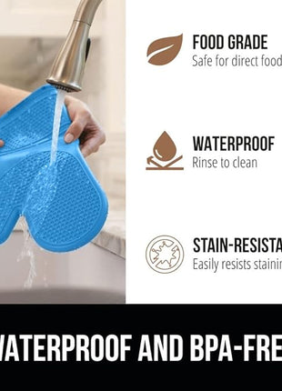 GORILLA GRIP BPA-Free Soft Silicone Oven Mitts, Heat Resistant and Waterproof Cooking Gloves, Thick Cotton Lining, Flexible Gripping for Baking Grilling, Kitchen Potholders Set of 2, 12.5x8.3, Aqua