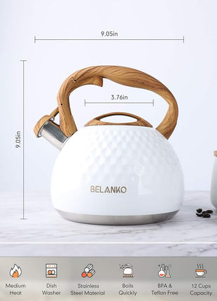 BELANKO 2.7 Quart Tea Kettle for Stovetop - Food Grade Stainless Steel with Diamond Texture, Designer Teapot Look, Cool-Touch Wood Pattern Handle, Whistling Spout - Gloss White