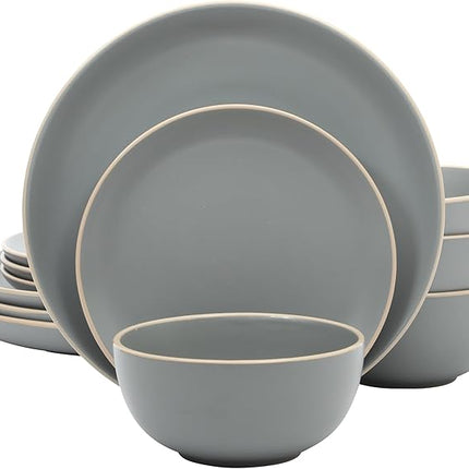 Gibson Home Rockaway 12-Piece Stoneware Dinnerware Set, Matte Finish, Service for 4, Modern Ceramic Plates and Bowls, Microwave & Dishwasher Safe – Soft Gray - Service for 4