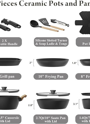 19 Pcs Pots and Pans Set Non Stick Ceramic Cookware Set with Removable Handles, Non Toxic Induction Kitchen Cookware Sets RV Cookware,Dishwasher/Oven Safe PFAS/PTFE/PFOA Free Cream White