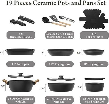 19 Pcs Pots and Pans Set Non Stick Ceramic Cookware Set with Removable Handles, Non Toxic Induction Kitchen Cookware Sets RV Cookware,Dishwasher/Oven Safe PFAS/PTFE/PFOA Free Cream White