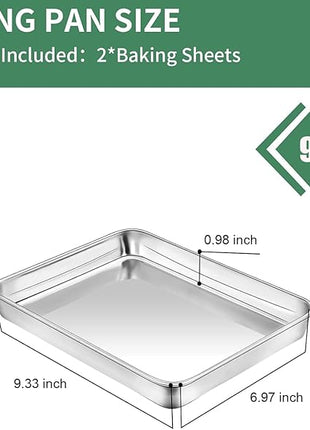 Baking Sheets Set of 2, HKJ Chef Cookie Sheets 2 Pieces Stainless Steel Baking Pans & Toaster Oven Tray Pans, Rectangle Size 9L x 7W x 1H inch & Non Toxic & Healthy & Easy Clean