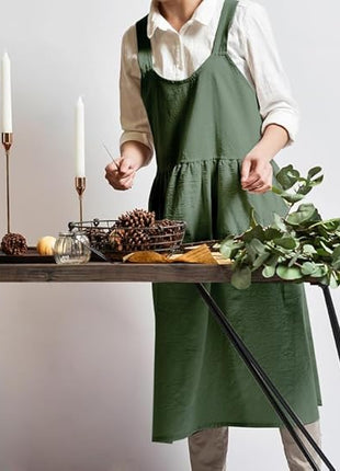 Uaussi Cotton Linen Apron Cross Back Work Apron for Women with Pockets Pinafore Dress X Cross Halter Apron for Chef Gardening