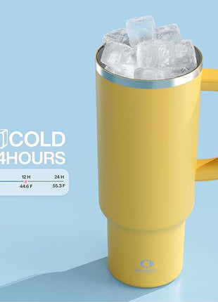 ENCOOL 40 oz Tumbler with Handle and Straw: Stainless Steel Insulated Tumbler Keeps Cold for 24 Hours, Leakproof Travel Cup Fits in Cup Holder and BPA-Free,Elfin Yellow