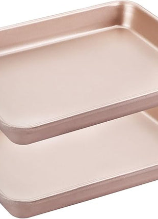 HONGBAKE Toaster Oven Pan Nonstick Set of 2, Premium 1/8 Sheet Pan for Baking, Small Cookie Sheet Tray, Dishwasher Safe and Heavy Duty - Rose Gold