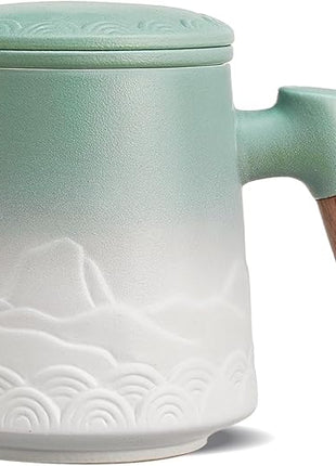 ZENS Tea Mug with Infuser and Lid for Loose Leaf Steeper, 16.9 oz Embossed Ceramic Tea Cup with Fine Tea Strainers, Wood Handle Large Tea Diffusers Mugs for Tea Lovers Gifts