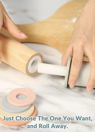 Geesta Adjustable Wood Rolling Pin with 5 Thickness Rings, Precise Dough Roller Handle Press Design with Measurement Guide for Fondant, Pizza, Pie Crust, Cookie, Pastry Baking Decorating Accessories