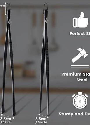 HOTEC Kitchen Tweezers Tongs Stainless Steel Professional Chef Tweezers, Set of 2-12inch Extra-Long Food Tongs for Cooking,Grill and Baking