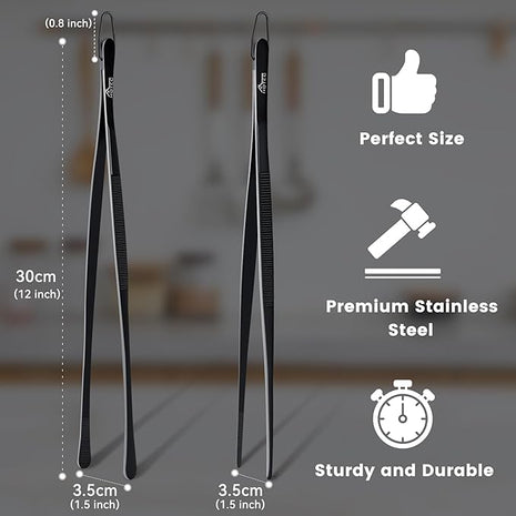 HOTEC Kitchen Tweezers Tongs Stainless Steel Professional Chef Tweezers, Set of 2-12inch Extra-Long Food Tongs for Cooking,Grill and Baking