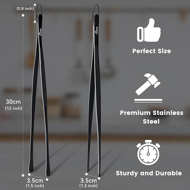 HOTEC Kitchen Tweezers Tongs Stainless Steel Professional Chef Tweezers, Set of 2-12inch Extra-Long Food Tongs for Cooking,Grill and Baking