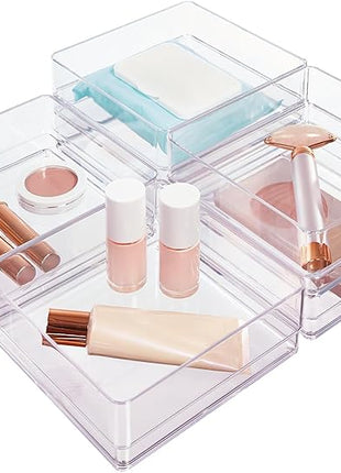 STORi SimpleSort 6-Piece Stackable Clear Drawer Organizer Set | 6" x 6" x 2" Square Trays | Small Makeup Vanity Storage Bins and Office Desk Drawer Dividers | Made in USA
