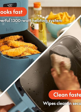 bella 4Qt Slim Air Fryer, Fits-anywhere Kitchenware, EverGood Ceramic Nonstick Coating, Adjustable Temperature, 6 Preset Cooking Options, 60 Min Auto Shutoff w Audible Tone, 3.3lb Capacity, Surf