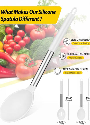 Pack of 2 Large Silicone Cooking Spoons,Non Stick Solid Basting Spoon,Heat-Resistant Kitchen Utensils for Mixing,Serving,Draining,Stirring (WHITE)