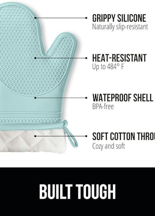 GORILLA GRIP BPA-Free Soft Silicone Oven Mitts, 14.5x8.3, Heat Resistant and Waterproof Cooking Gloves, Thick Cotton Lining, Flexible Gripping for Baking Grilling, Kitchen Potholders Set of 2, Mint