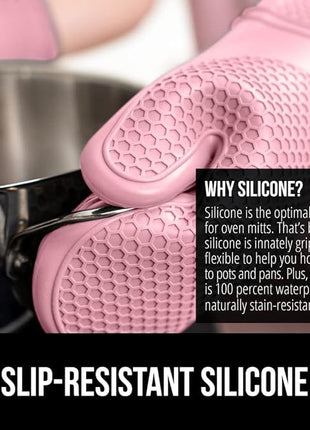 GORILLA GRIP BPA-Free Soft Silicone Oven Mitts, 14.5x8.3, Heat Resistant and Waterproof Cooking Gloves, Thick Cotton Lining, Flexible Gripping for Baking Grilling, Kitchen Potholders Set of 2, Pink