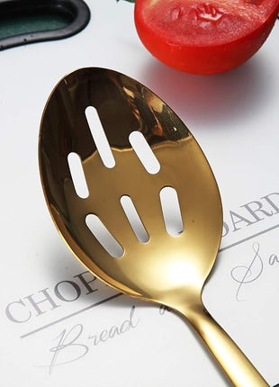Berglander Gold Cooking Spoon, Stainless Steel Slotted Serving Spoon Titanium Gold Plating, Kitchen Basting Spoon For Cooking, Dishwasher Safe, Easy to Clean