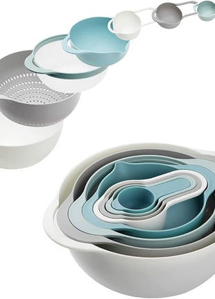 Plastic Mixing Bowls - Multicolored Mixing Bowl Set of 8, Nest for Easy Storage, Inculding Measuring Cups, Colander, Sifter, Large Bowl, Great for Cooking and Baking, Rv Camping Accessories, No BPA