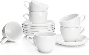 Sweese 4oz Porcelain Espresso Cups with Saucers, Set of 6 - Ideal for Espresso, Cappuccino, Latte, Tea - White