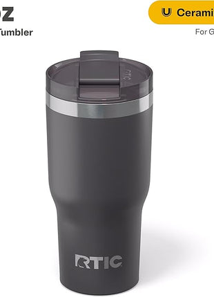 RTIC 20oz Essential Tumbler with Lid, Ceramic Lined, Insulated, Stainless Steel, Metal, Double Wall Vacuum-Insulation, Travel Cup for Iced Coffee, Tea, Hot and Cold Drink, Graphite