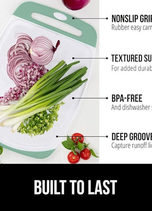 GORILLA GRIP BPA-Free Reversible Kitchen Cutting Board Set of 3, US Designed, Nonporous, Juice Grooves Catch Liquid, Slip Resistant Border, Dishwasher Safe, Durable Large Food Chopping Boards, Mint