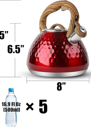 Tea Kettle, Toptier Teapot Whistling Kettle with Wood Pattern Handle Loud Whistle, Food Grade Stainless Steel Tea Pot for Stovetops Induction Diamond Design Water Kettle, 2.7-Quart Red