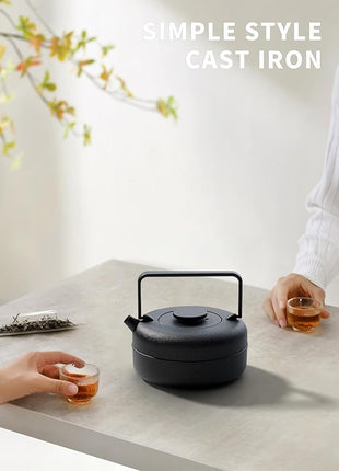 Toptier Teapot with Removable Infuser, Cast Iron Tea Kettle Stovetop Safe, Solid Geometry Cylinder Design Tea Pot Coated with Enameled Interior for 27 Ounce (800 ml), Black