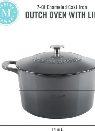 MARTHA STEWART Gatwick 7-Quart Enamel Cast Iron Dutch Oven – Classic Grey – Durable Heavy-Duty Dutch Oven for Slow Cooking, Braising & Baking