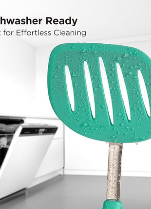 Kitchen Mama WaltzGrip Platinum Silicone Pancake Spatula Turner: Heat Resistant Flexible, Stainless Steel Core, Nonstick, Dishwasher Safe, Flipper – Ideal Kitchen Cookware for Eggs, Fish, Meat (Teal)