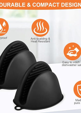 AUAUY 1 Pair Mini Silicone Oven Mitts, Heat Resistant Pot Holders Mitts, Cute Oven Pinch Grip Gloves, Small Potholders for Kitchen, Air Fryer Mitts Pair for Cooking, Baking and Grilling (Black)