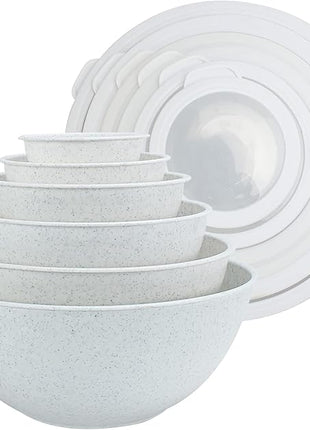 COOK WITH COLOR Mixing Bowls with TPR Lids - 12 Piece Plastic Nesting Bowls Set includes 6 Prep Bowls and 6 Lids, Microwave Safe Mixing Bowl Set (Speckled White)