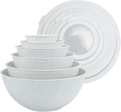 COOK WITH COLOR Mixing Bowls with TPR Lids - 12 Piece Plastic Nesting Bowls Set includes 6 Prep Bowls and 6 Lids, Microwave Safe Mixing Bowl Set (Speckled White)
